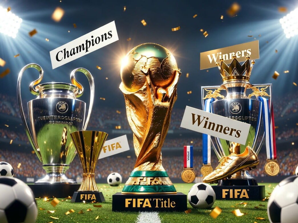 Trophies and titles in FIFA football celebration.