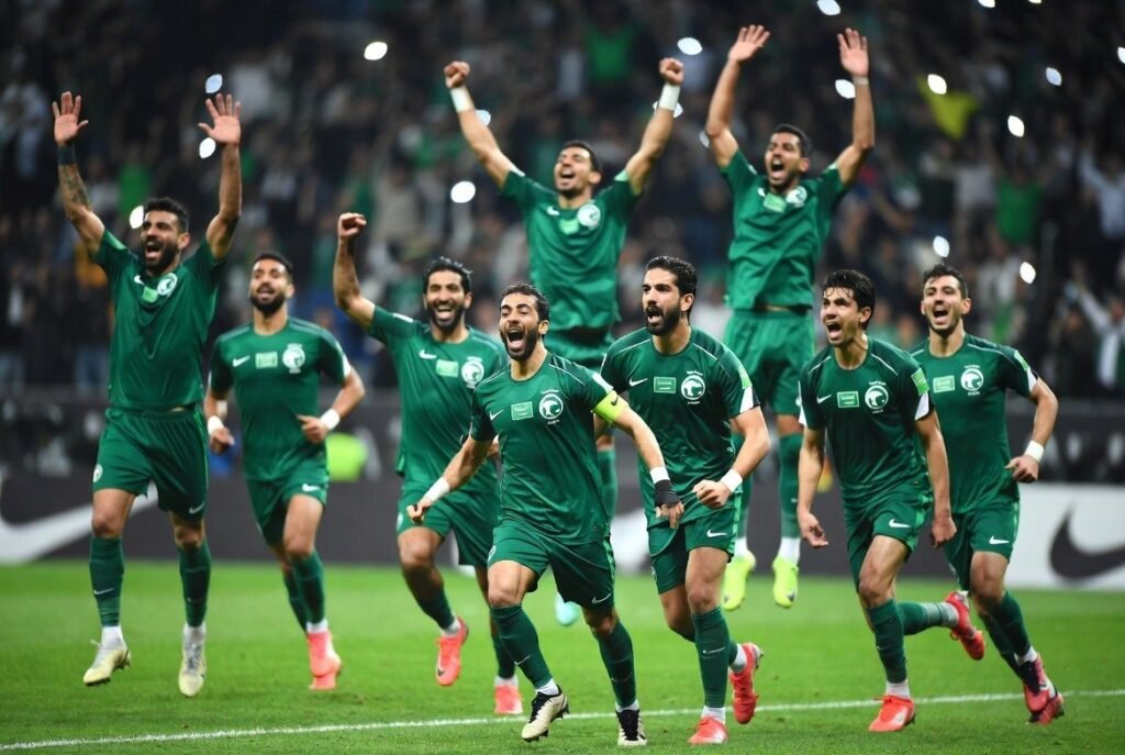 Saudi Arabia national football team celebrates a major victory as the Green Falcons prepare for the FIFA World Cup 2026