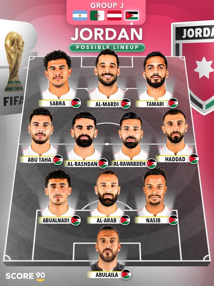 Jordan national football team players posing before a FIFA World Cup match.