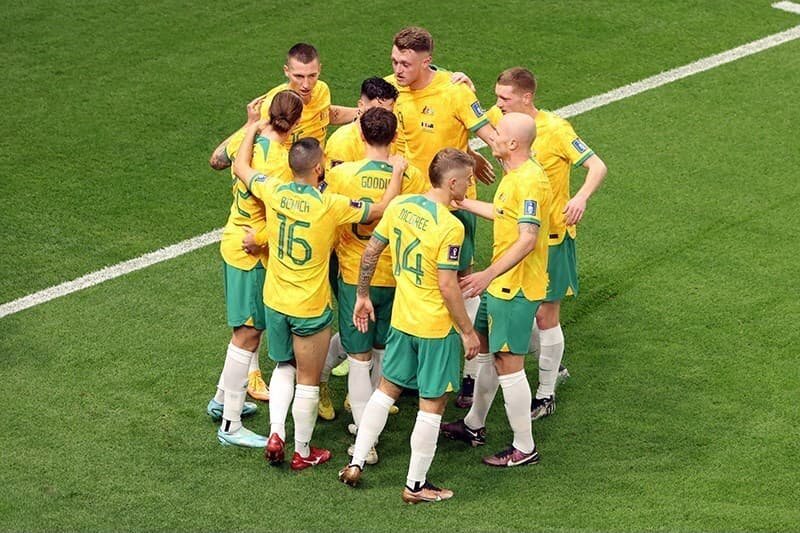 Australia national football team players pose before an international match.