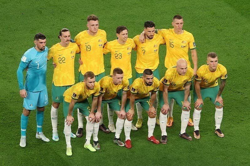 Australia national football team players pose before an international match.