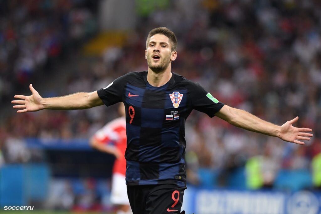 Andrej Kramarić celebrates a goal for Croatia.