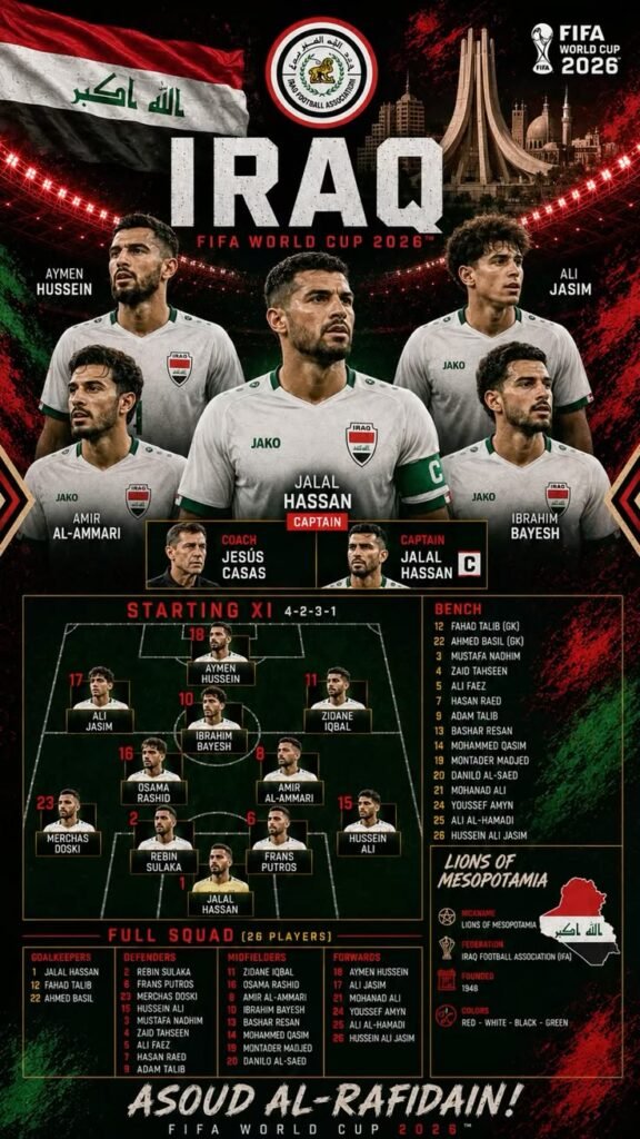 Iraq national football team players posing before a FIFA World Cup qualifier.