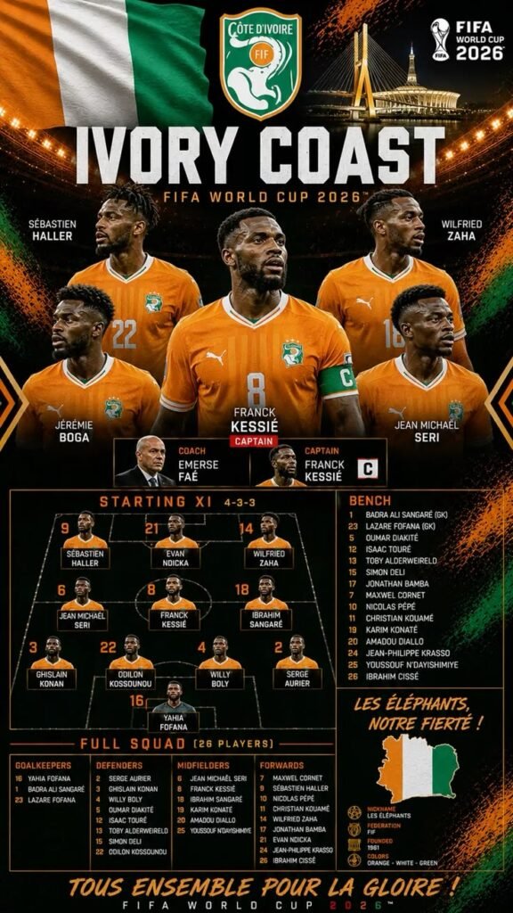 Ivory Coast national football team players posing before a FIFA World Cup match.