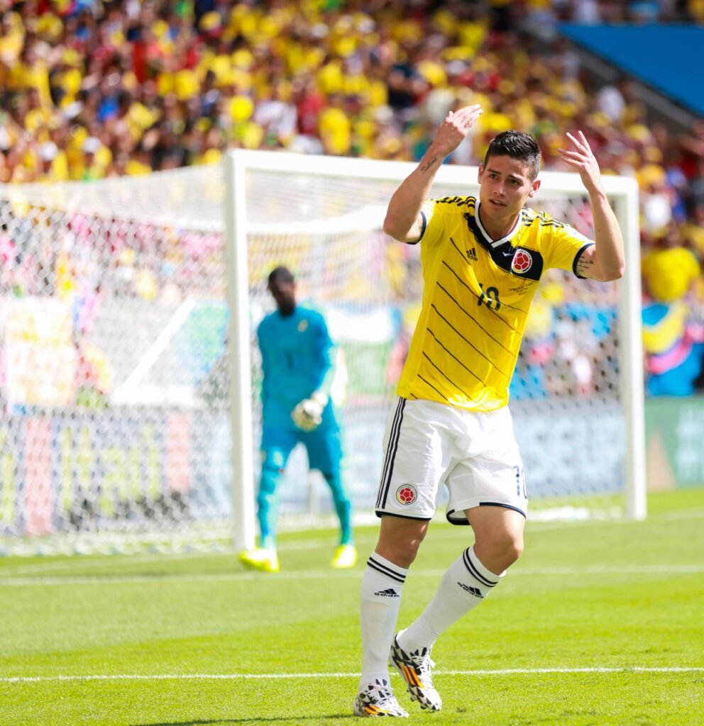 James Rodríguez controls the ball for Colombia.