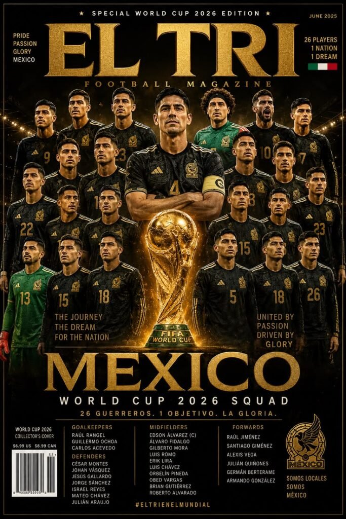 Mexico national football team players posing before a FIFA World Cup match.