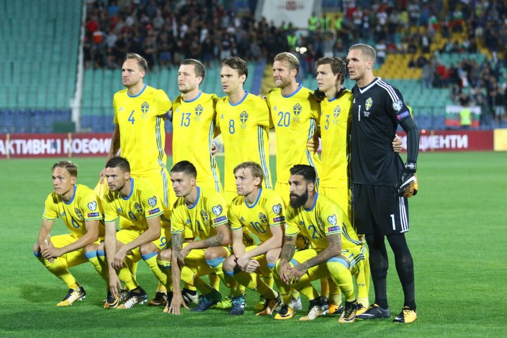 Sweden national team players line up before an international match.