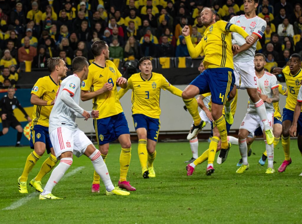 Sweden national team players line up before an international match.