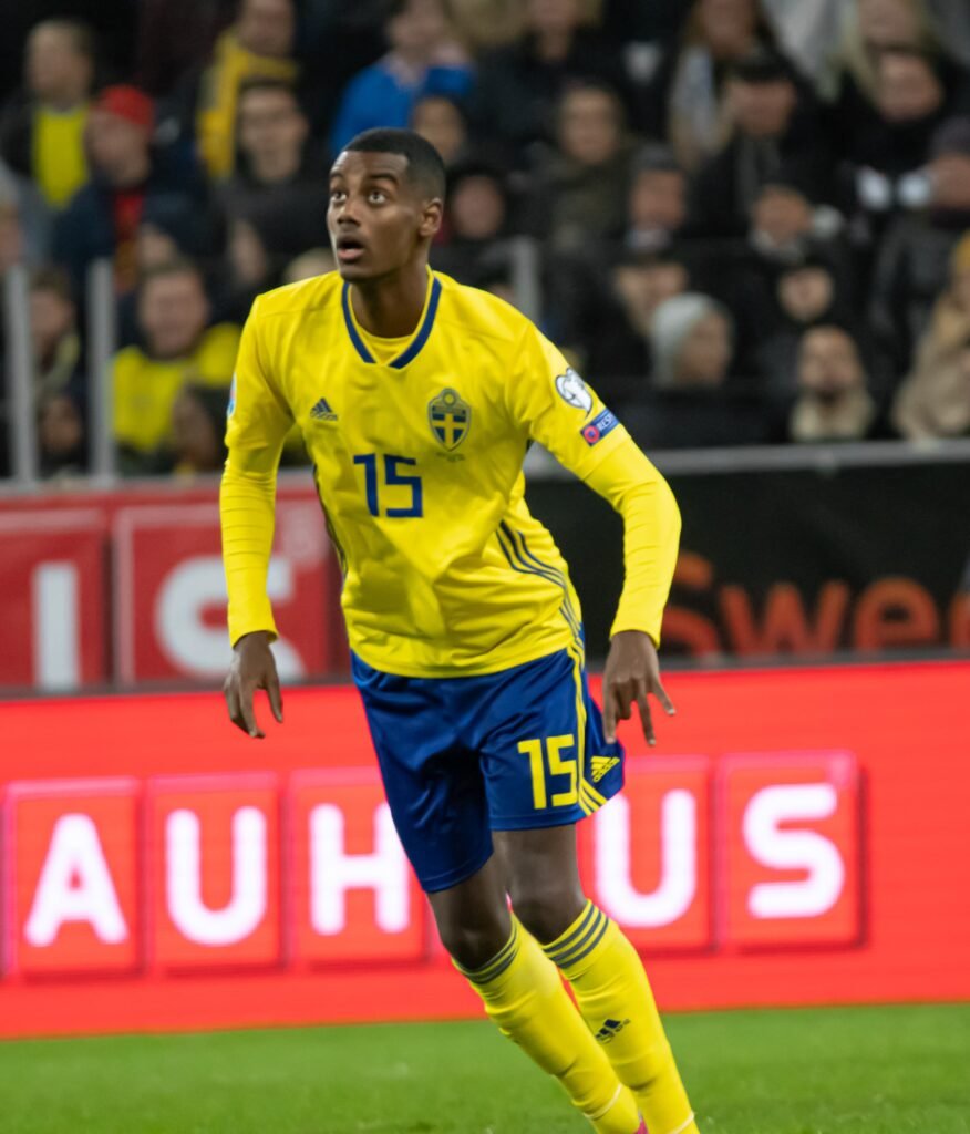 Alexander Isak celebrates after scoring for Sweden.