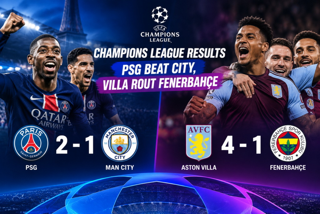 Champions League results graphic featuring PSG vs Manchester City and Aston Villa vs Fenerbahçe.