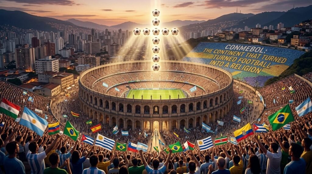 Packed South American stadium beneath a glowing football cross and text banner